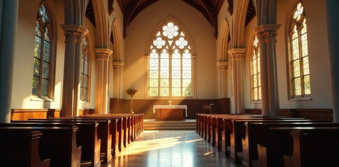 Serene Church Interior Soft Sunlight Streaming Through Stained Glass, Illuminating Altar, Pews, and Traditional Furnishings