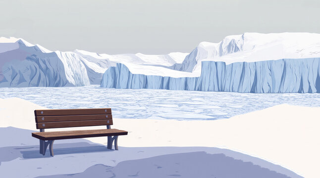 An illustration of a bench with a view of an ice sheet