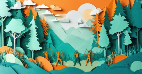 Papercraft forest scene depicts hunters aiming bows at deer. Mountains, clouds, trees create layered landscape. Warm colors dominate.