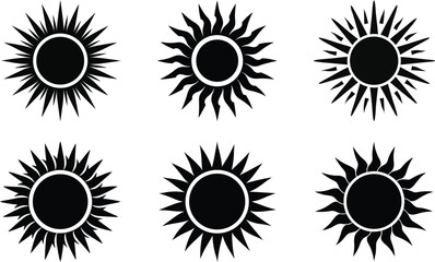 A vibrant collection of sun vector icons, perfect for summer illustrations and nature-inspired designs, featuring star-like sunbeams and decorative patterns