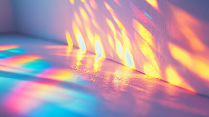 Naklejka premium Dreamy holographic rainbow light refraction texture overlay with abstract soft bokeh effect on a white wall. Organic prismatic glow and natural shadows. Background with