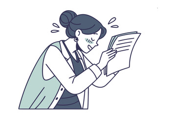 Examine with Concern: A professional woman studies documents with a look of worry and concern, highlighting stress and pressure and the challenges faced.