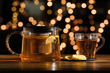 Teapot with cup of hot tea and slice of lemon on wooden table against blurred background
