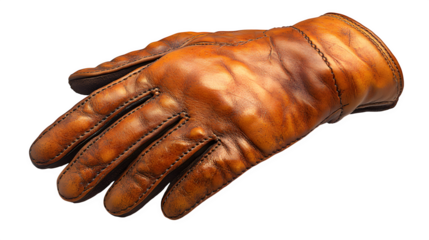 Photorealistic image of a single leather glove (specify color, e.g., brown). Sharp focus on leather grain, stitching, and shape. Natural-style studio lighting, balanced exposure,