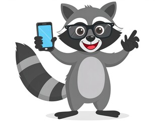 Obraz premium Cheeky raccoon in glasses grinning while tapping on a smartphone, isolated on white.
