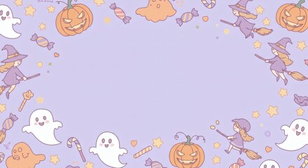 Adorable Halloween Background Witches, Pumpkins, and Ghosts