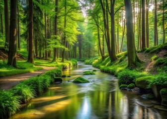 Obraz premium Water flows gently through a serene forest path surrounded by tall trees and lush greenery