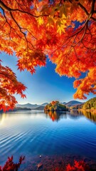 Vibrant autumn leaves in shades of red and orange against a serene lake backdrop under a clear blue sky with Japanese scenery in the distance