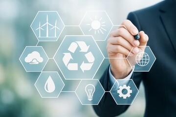 Businessman interacting with eco icons like recycling, wind energy, and solar power on digital interface over abstract environmental background.