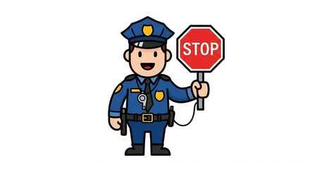 Friendly Cartoon Police Officer Holding Stop Sign Illustration