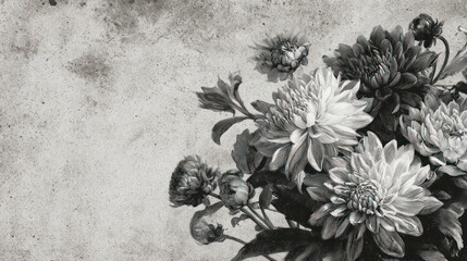 Vintage Black and White Floral Illustration on Grunge Textured Background as Wallpaper Illustration