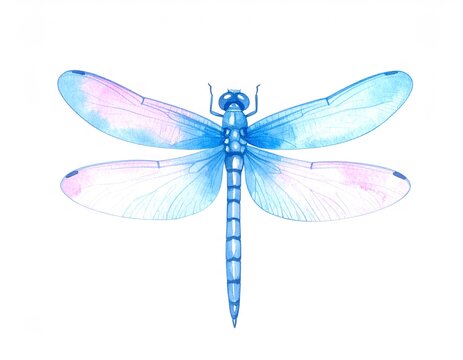 Colorful dragonfly in flight, shimmering wings spread wide on white backdrop.