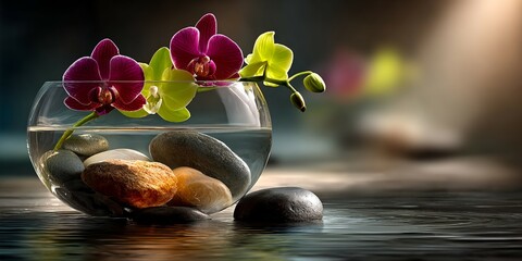 Orchid flowers in a transparent vase filled with decorative stones
