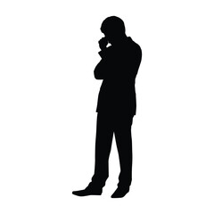 Silhouette of a Businessman Standing and Thinking with Hand on Chin, Reflecting in Deep Thought
