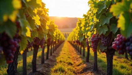 Naklejka premium Sun-Drenched Autumn Vineyard Ripe Grapes Hanging Heavy on the Vine, Ready for Harvest. Lush Foliage and Golden Sunlight Create a Stunning Scene.