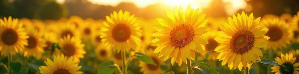 Fototapeta premium Golden Hour Sunflowers Vibrant Field of Yellow Blossoms Basking in Summer Sunlight, Evoking Joy and Abundance