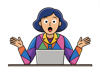Digital Astonishment: A digital illustration captures a woman's surprised expression in front of her laptop, her hands outstretched, in a striking portrayal of wonder and shock.
