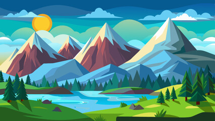 Naklejka premium Vibrant flat design landscape with snow capped mountains and a serene lake at sunrise