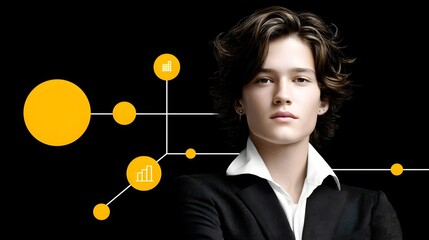 A magazine cover showcasing a confident financial consultant with charts and graphs, magazine photography style