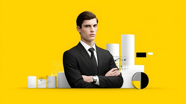 A magazine cover showcasing a confident financial consultant with charts and graphs, magazine photography style - Powered by Adobe