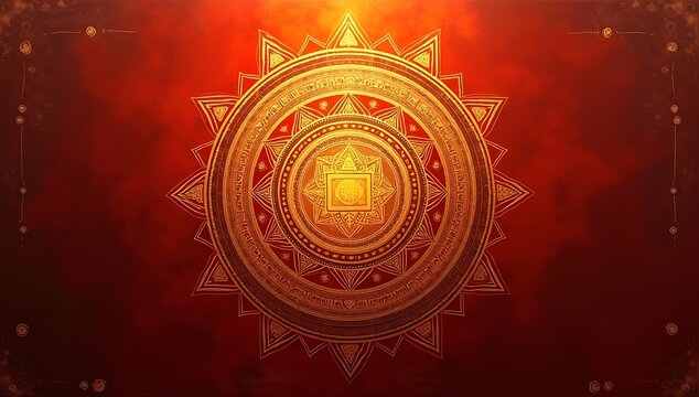 A traditional painting of Shree Yantra in radiant gold over a deep red textured background, symbolizing manifestation and wealth attraction in Vastu.
