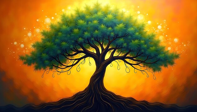 Painting of a vibrant tree of life with roots and branches spreading symmetrically, representing connection, growth, and energy alignment in Vastu.
