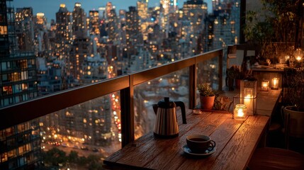 Peaceful apartment balcony overlooking New York City skyline with twinkling lights, soft candlelight illuminating cozy room, coffee pot and black tea cups on table, serene moment in vibrant urban life