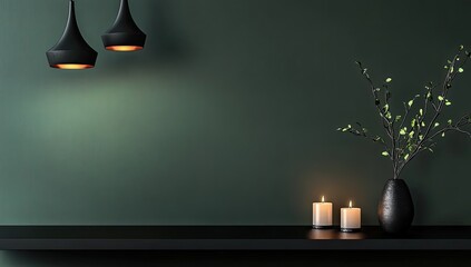 Minimalist interior design. Dark green wall, black shelf,  modern pendant lights,  candles, and a vase with branch