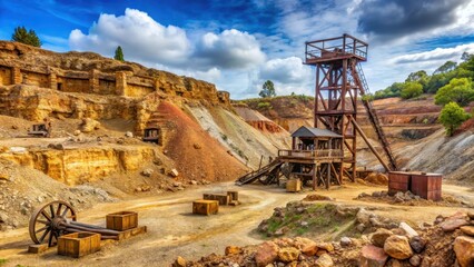 Fototapeta premium Ancient Roman lead mine excavation site with rusty old mining equipment and rocks