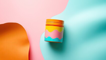 A colorful tin can rests on a backdrop of overlapping, pastel-hued paper