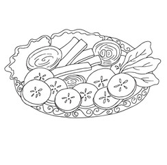 Cute cartoon hand drawn vector salad in plate outline.