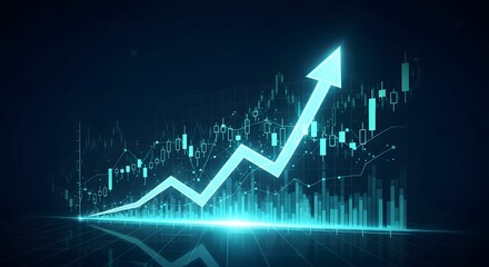 Futuristic Holographic Arrow Graph Rising with Abstract Stock Charts and Data Lines

