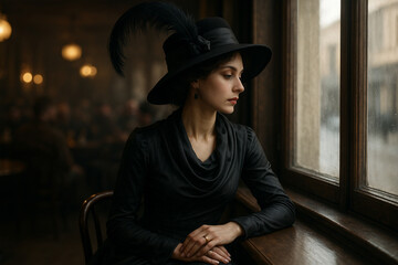 
lady in black at the window in a restaurant