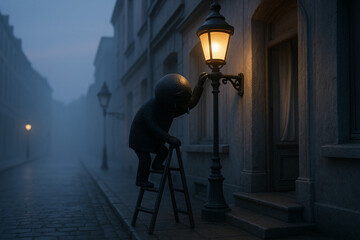 a mysterious someone lights a street lamp