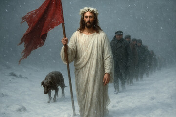 saint with a red flag in his hand