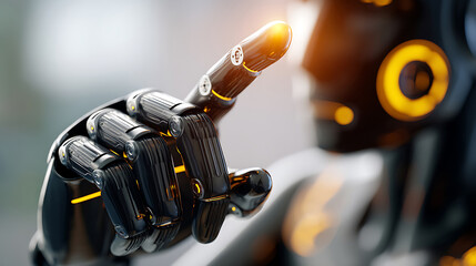 Advanced robotic hand points touchscreen concept future technology artificial intelligence automation innovation and digital transformation high tech close up