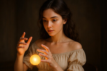 girl and flying glowing ball