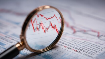 Fototapeta premium Declining stock market graph analyzed through magnifying glass