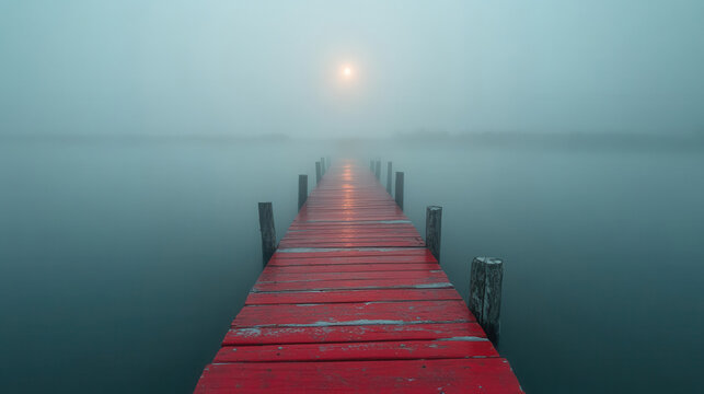 surreal red pier fading into ocean mist at nighttime, calm waters  - Powered by Adobe