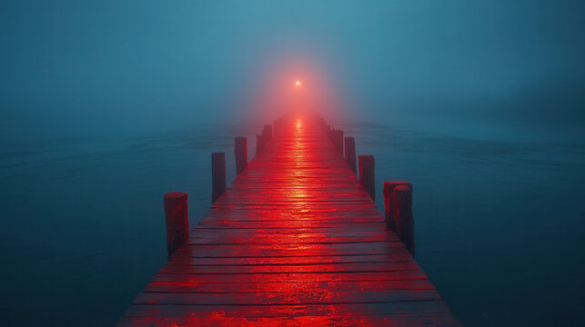 surreal red pier fading into ocean mist at nighttime, calm waters 