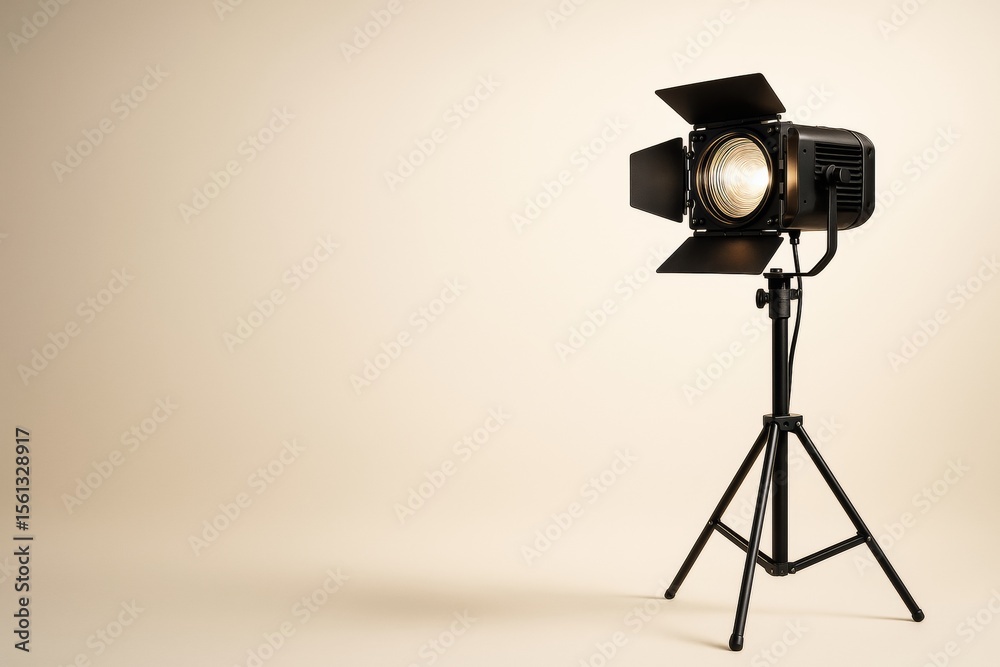 Aufkleber Studio spotlight on tripod shining on beige background with soft gradient lighting, minimal abstract concept emphasizing professional illumination.