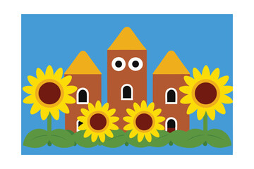 Sunflowers and a whimsical castle A charming summer illustration