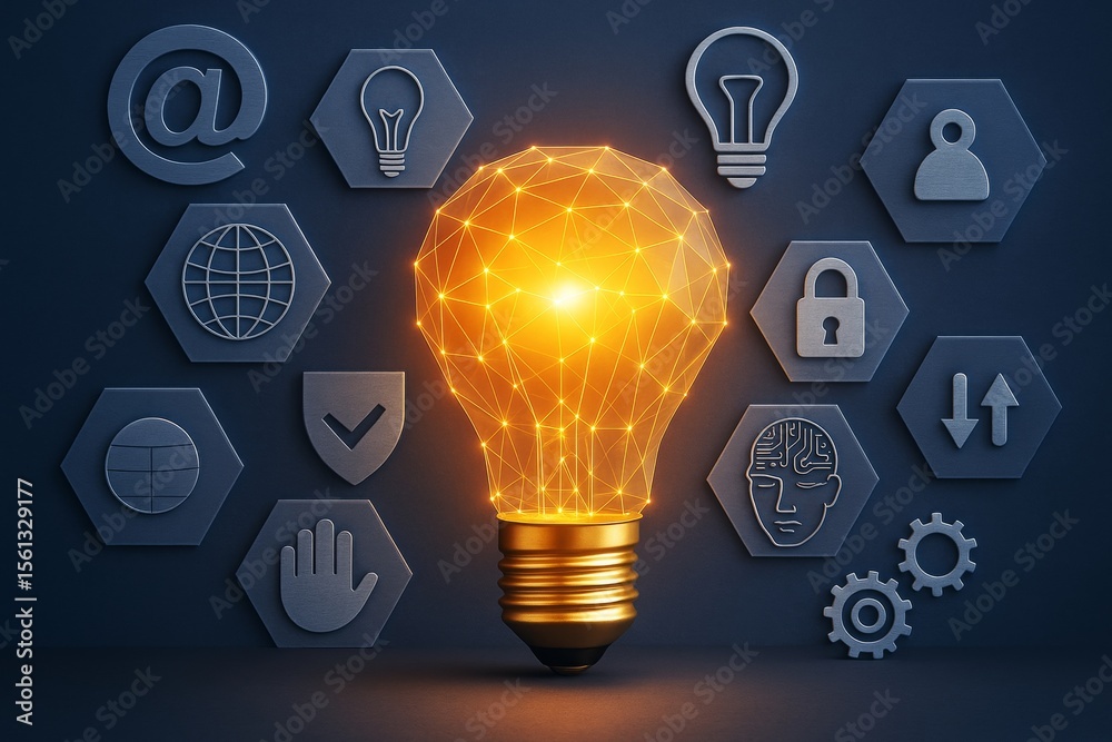 Poster glowing polygonal light bulb with technology icons on dark background illustrating innovation, ideas