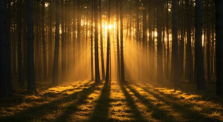 Fototapeta premium Sunlight Through Trees Forest Golden Hour Nature Landscape