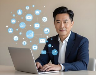 businessman working on laptop, Digital marketing technology online concept. SEO, Advertising, Ecommerce, business online marketing, direct sale, digital marketing strategies and goals