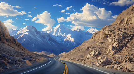 A winding mountain road winds through rocky terrain, leading to snow-covered peaks under a bright blue sky with scattered clouds, providing a dramatic perspective in vibrant daylight.