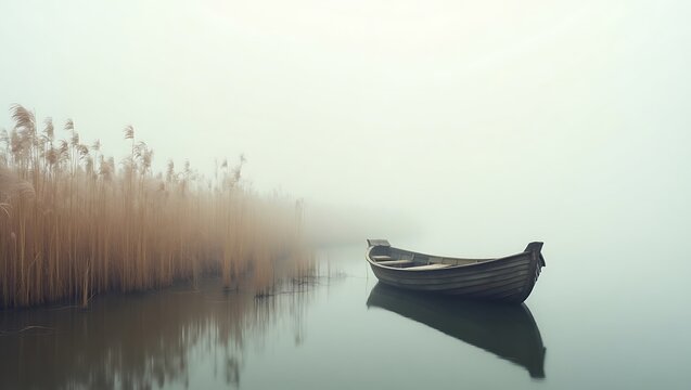 Foggy lake landscape with boat and reeds serene nature photography
