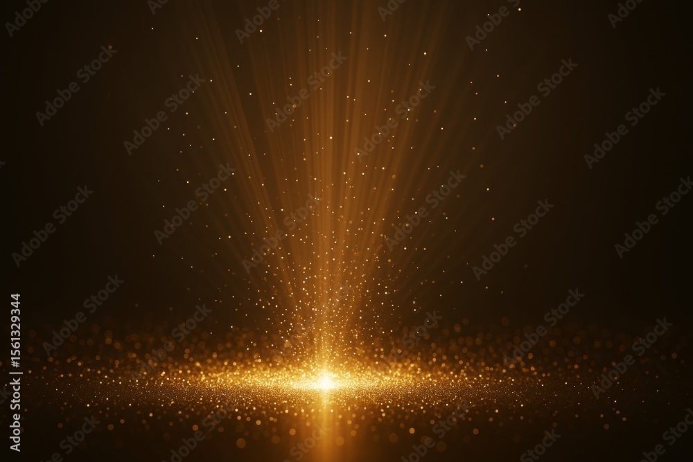 Aufkleber Glowing golden particles and beams of light radiating upwards in abstract scene on dark background with sparkling effect and magical atmosphere.