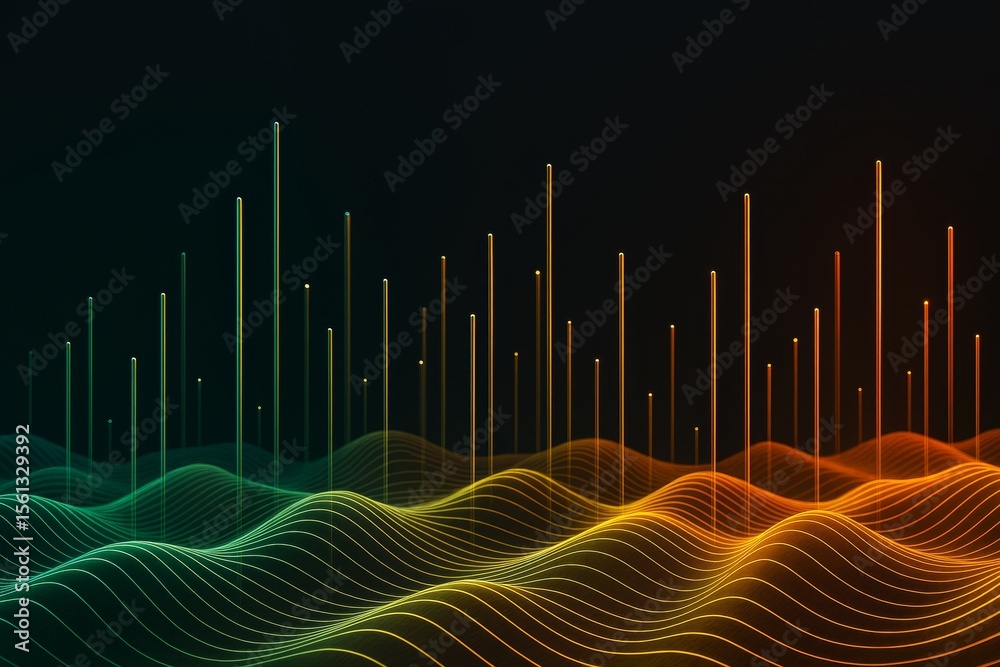 Fototapete abstract digital light waves and vertical glowing lines on dark background illustrating futuristic d