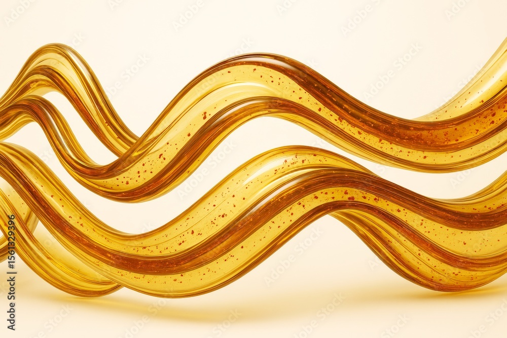 Poster Abstract golden liquid waves with amber specks flowing in parallel curves on a soft light background, artistic visual concept of fluid motion.